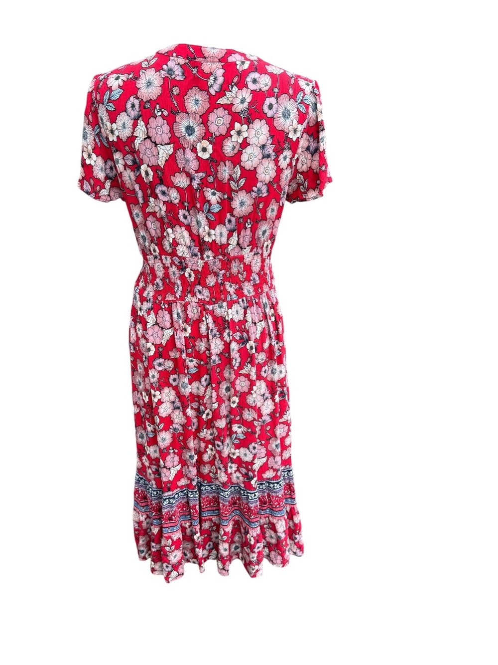 Knox Rose Floral Red Midi Dress V Neck Elastic Waist Cap Sleeve Boho   Romantic - Picture 3 of 10